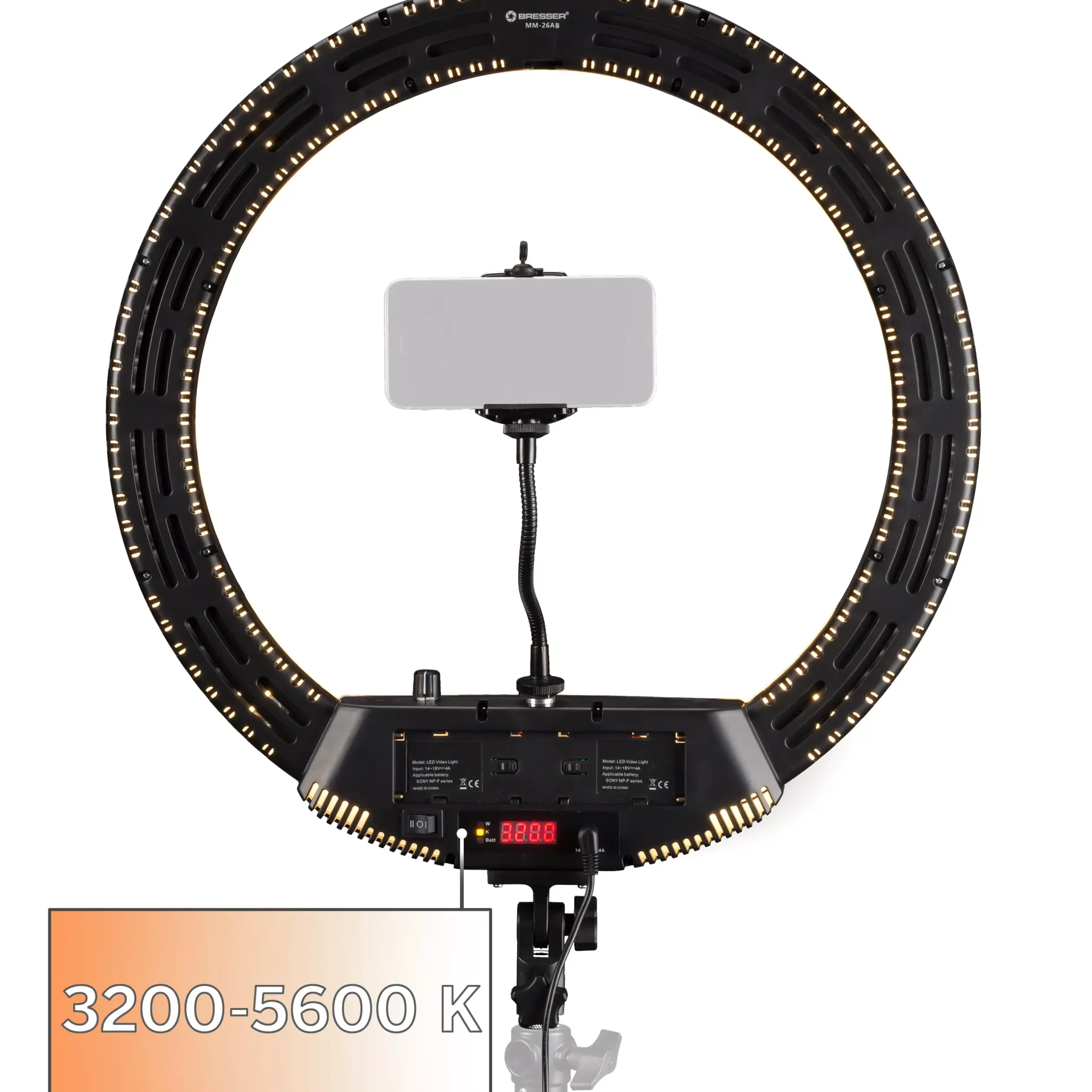 Bresser Ringlichter>MM-26AB Bi-Color LED Ringlicht 48W dimmbar mit Smartphonehalter und Fernauslöser