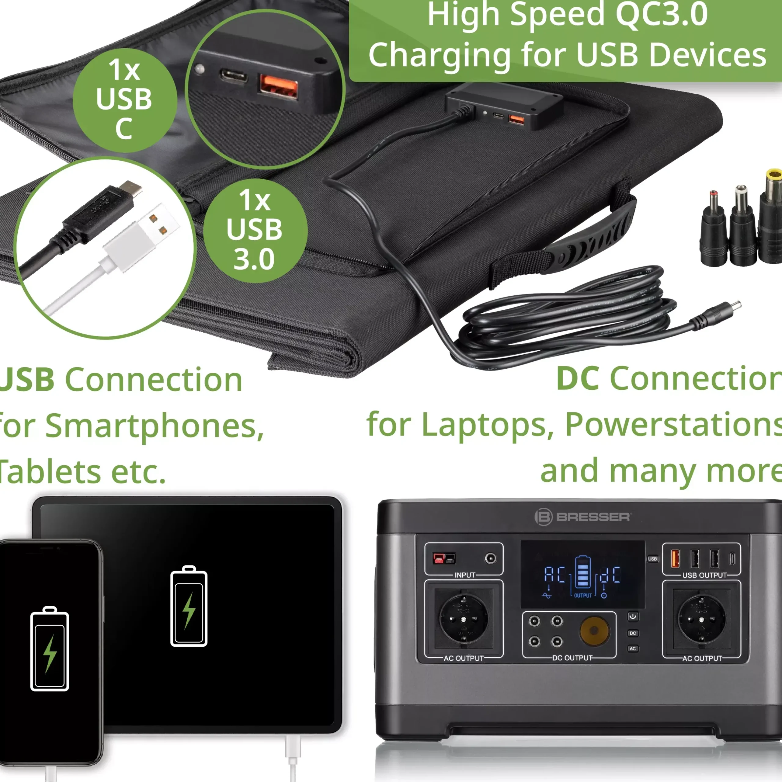Bresser Mobile Stromversorgung|Stromversorgung>Mobiles Solar-Ladegerät 120 Watt mit USB- u. DC-Anschluss
